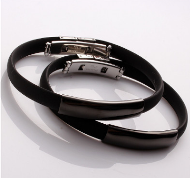 Fashion Jewelry Silicone Rubber Black Bar Stainless Steel Men Bracelet Bangle