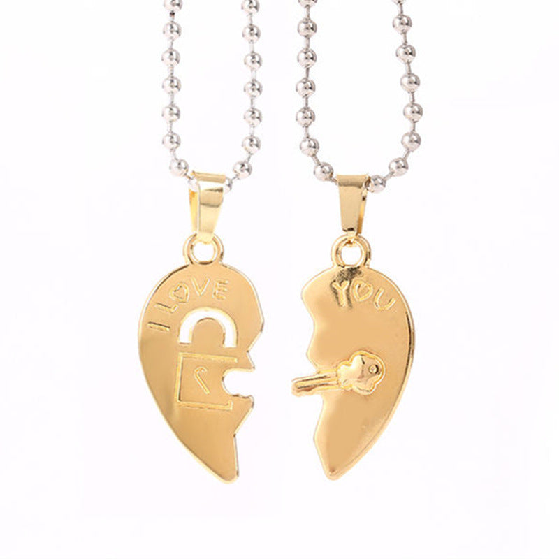 Golden Love Stitching Key Lock Pendant Round Bead Chain Necklace