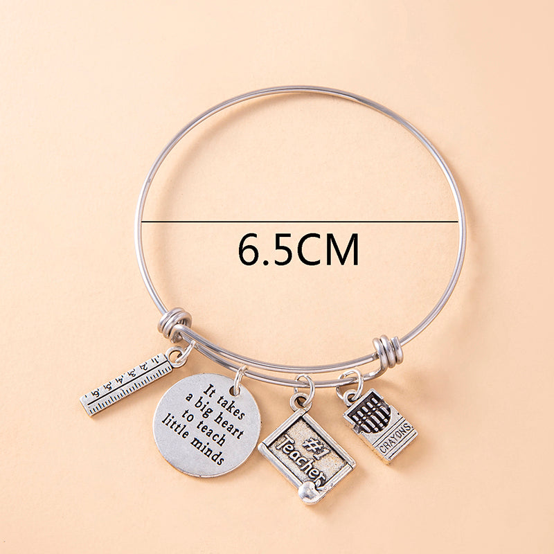 Creative Silver Ruler Crayons Charms Inspirational Bracelet Vintage Stainless Steel Adjustable Bangle Teacher's Day Gift