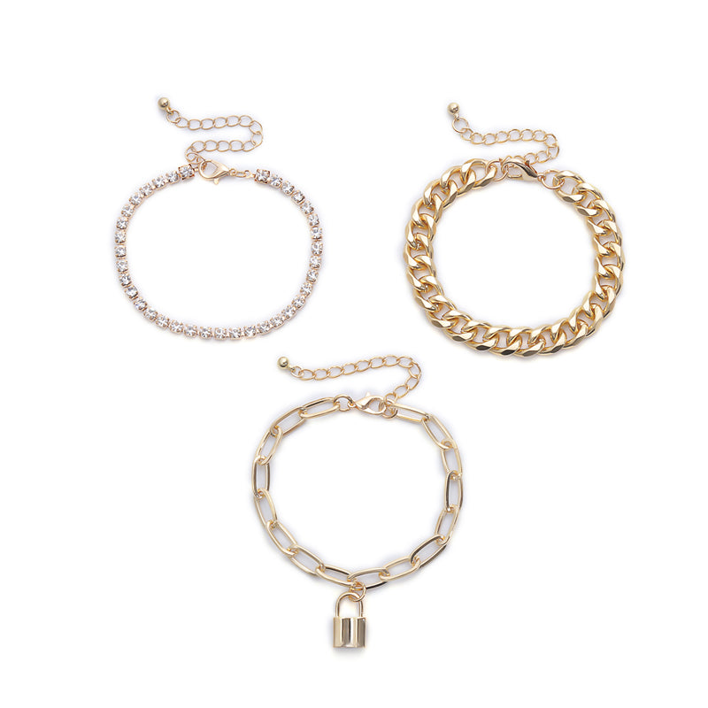 Set of 3 diamond-set bracelets with small lock