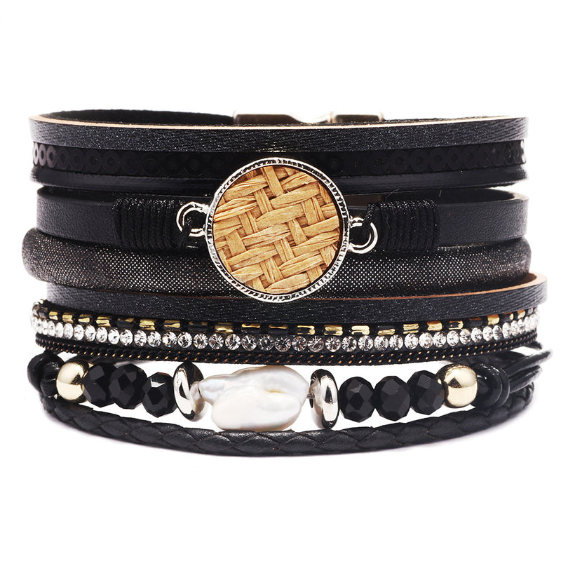 Women's Leather Bracelet With Magnetic Buckle And Diamonds