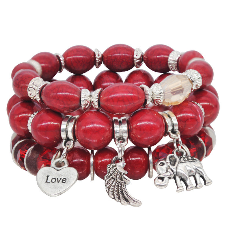 Marble Pattern Bracelet Beaded Elephant Wings Love Pendant Multilayer Combination Bracelet
