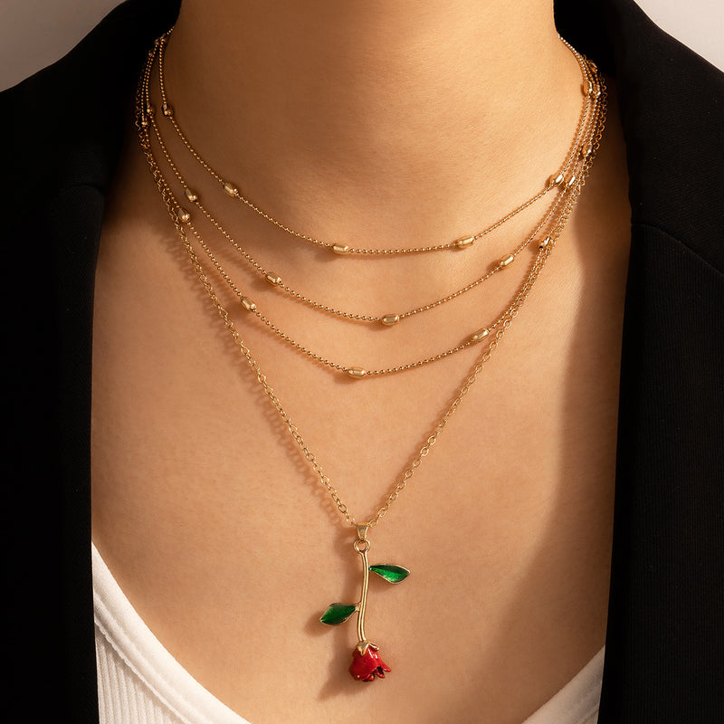 Rose Flower Dripping Oil Alloy Multilayer Necklace