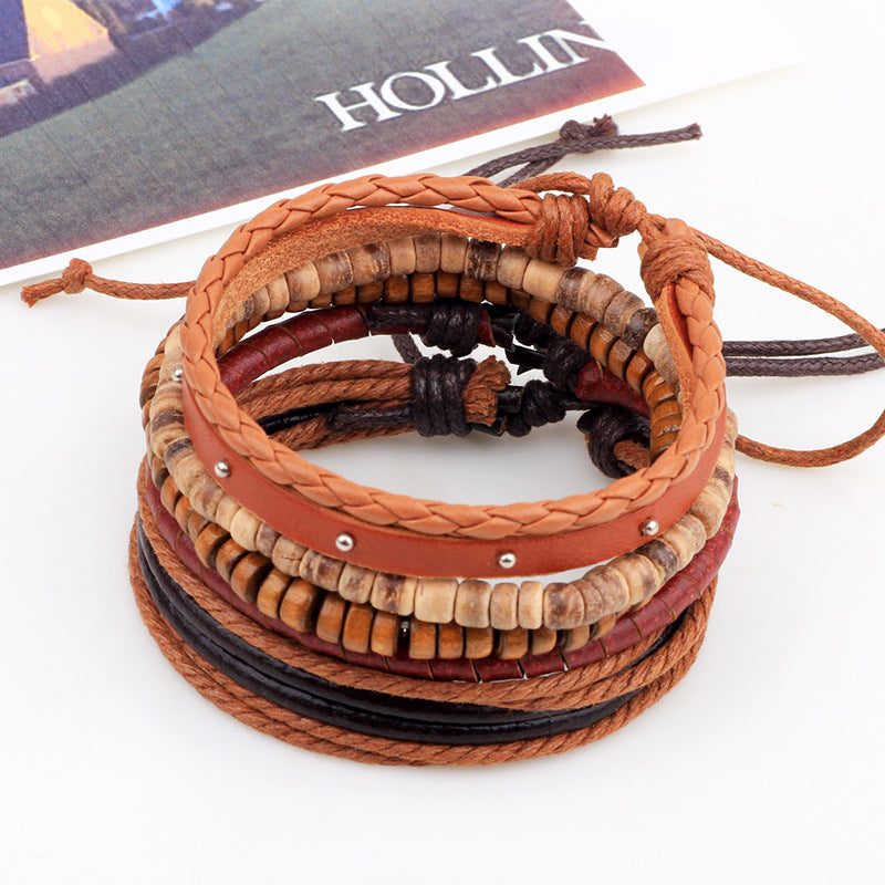 cowhide Bracelet hemp rope woven Bracelet several coconut shell wooden beads personalized bracelet jewelry