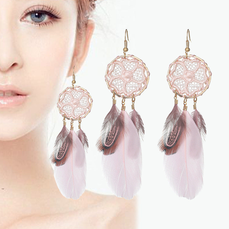 Women's Dream Catcher Flower Braided Feather Earrings