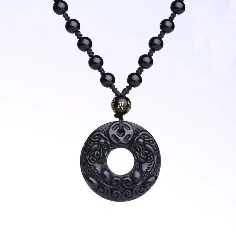 Obsidian Double Pixiu Round Button Pendant Necklace