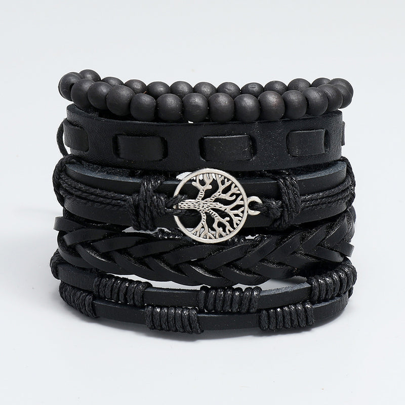 Personality Handmade Weave Vintage Leather Bracelet Diy5 Piece Set Lucky Tree Set Bracelet