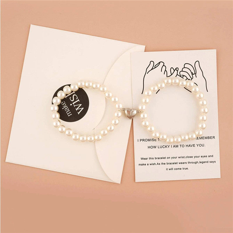 String Of Pearls And Heart-shaped Magnetic Clasp Bracelet