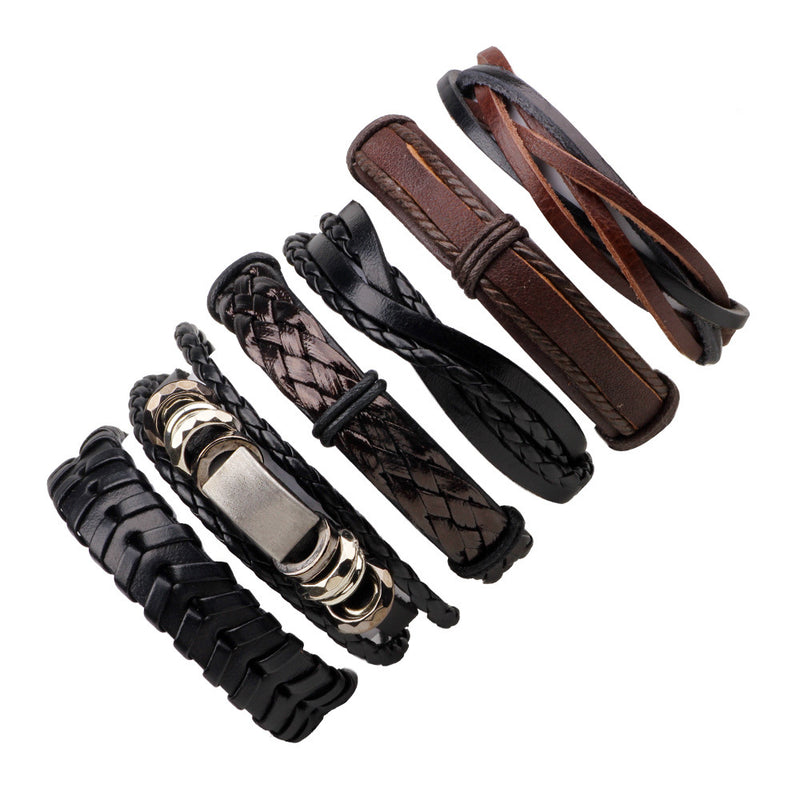 Men's Five-Piece Brown Cowhide Leather Woven Bracelet Set