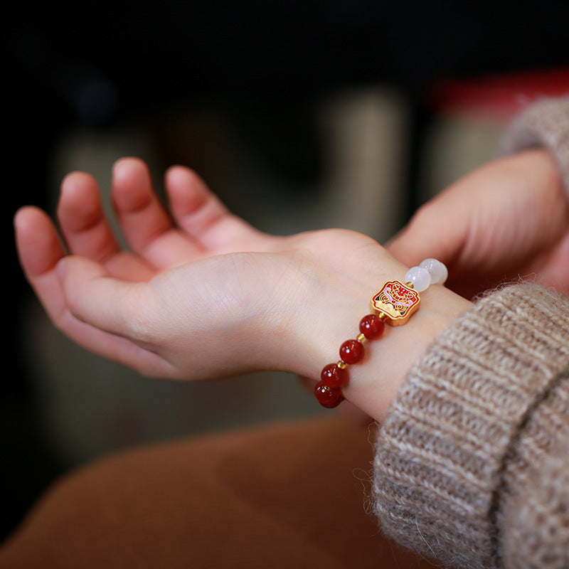 Women's Natural Double Spell Red White Agate Year Animal Bracelet