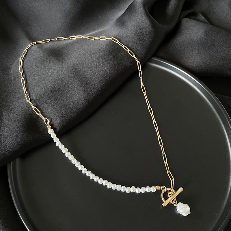 Elegant Natural Freshwater Pearl Necklace For Women Gold Chunky Link Chain Asymmety Toggle Clasp Circle Chokers Necklace