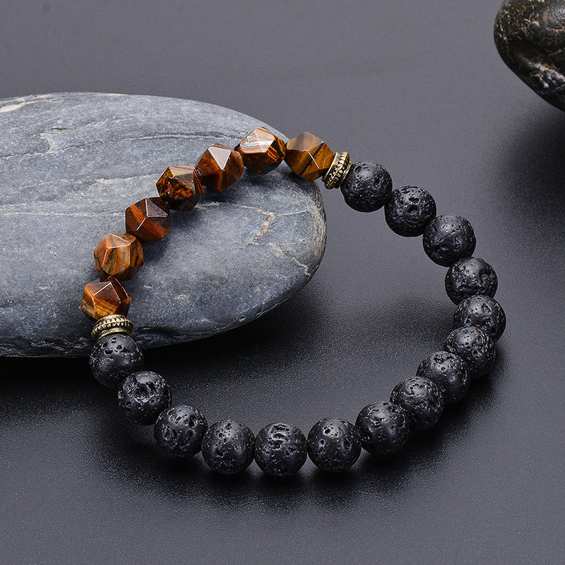 Natural Cut Surface Tigereye Black Lava Volcanic Stone Bracelet Handmade Beaded
