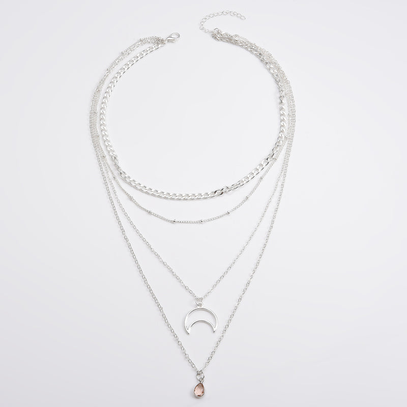 Fashion Simple Multi-layer Necklace Moon Shape Studded With Water Drop Zircon Pendant Bobo Beads Necklace