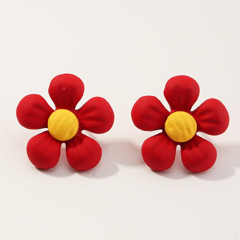 Simple Personality Trendy Drip Glaze Heart-shaped Temperament Small Red Flower Earrings