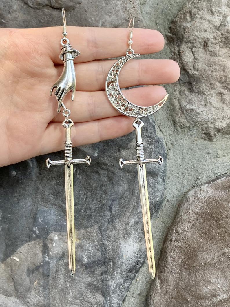 Hollow Moon  Witch Gothic Long Sword Halloween Earrings
