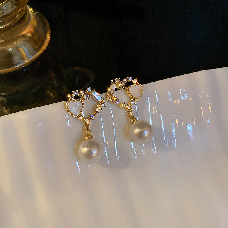 Silver Needle Korea Double Love Diamond Pearl Earrings