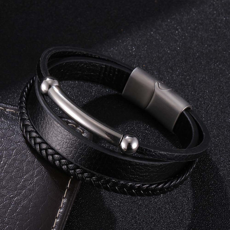 Stainless Steel Leather Jewelry Braided Vintage Bracelet Magnet Clasp
