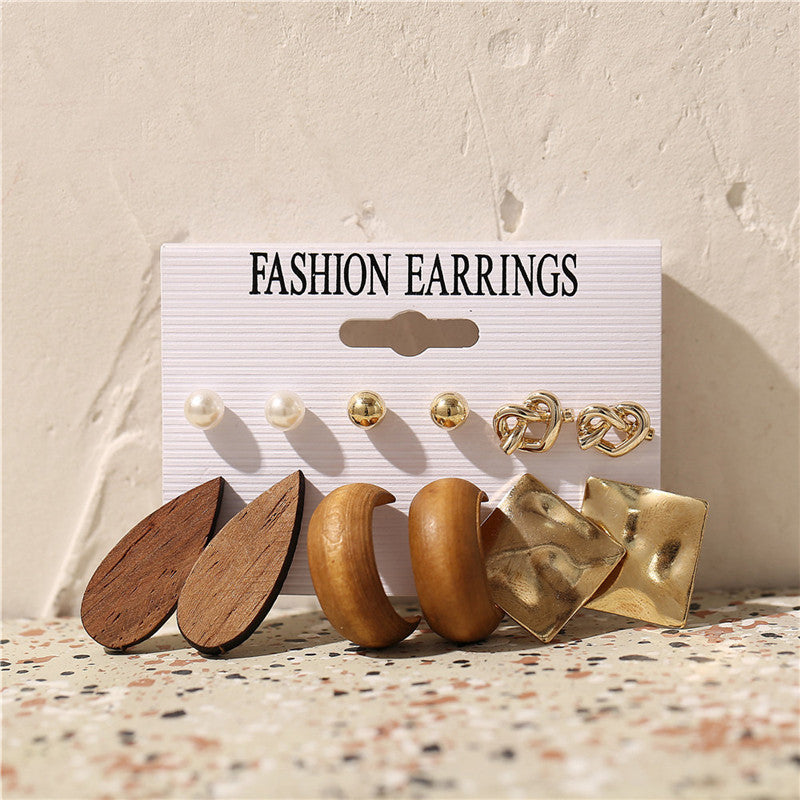 Drop-shaped Wood And Metal Square Heart Earrings Set