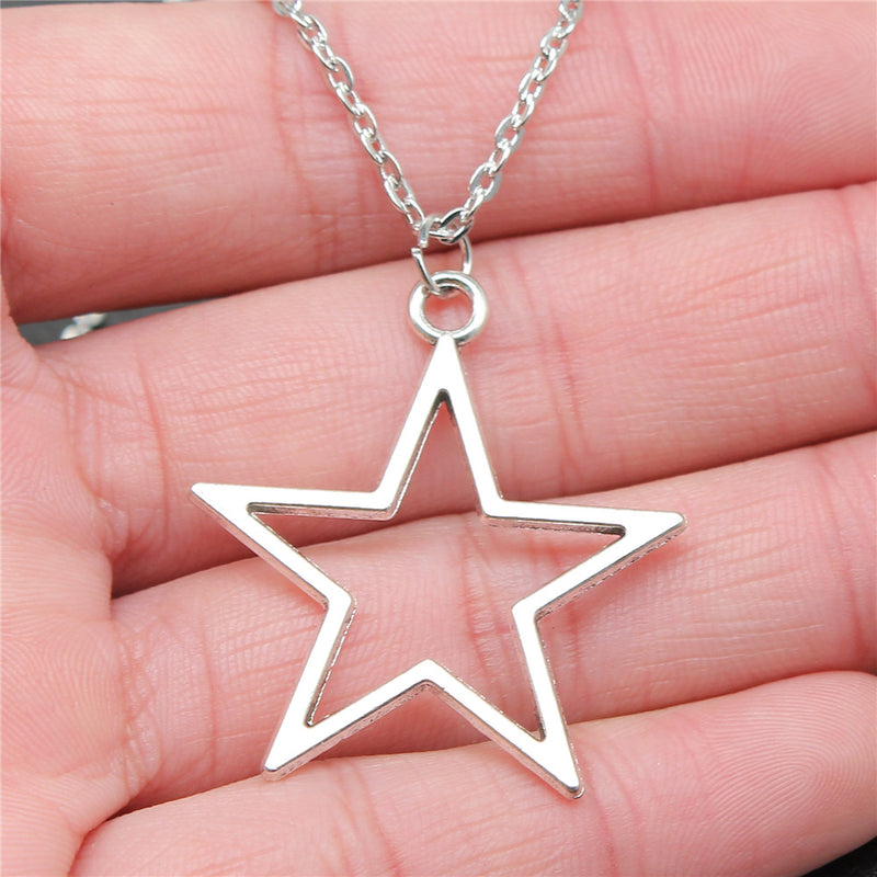 Silver Hollowed Out Pentagram Pendant Cross Chain Women's Necklace