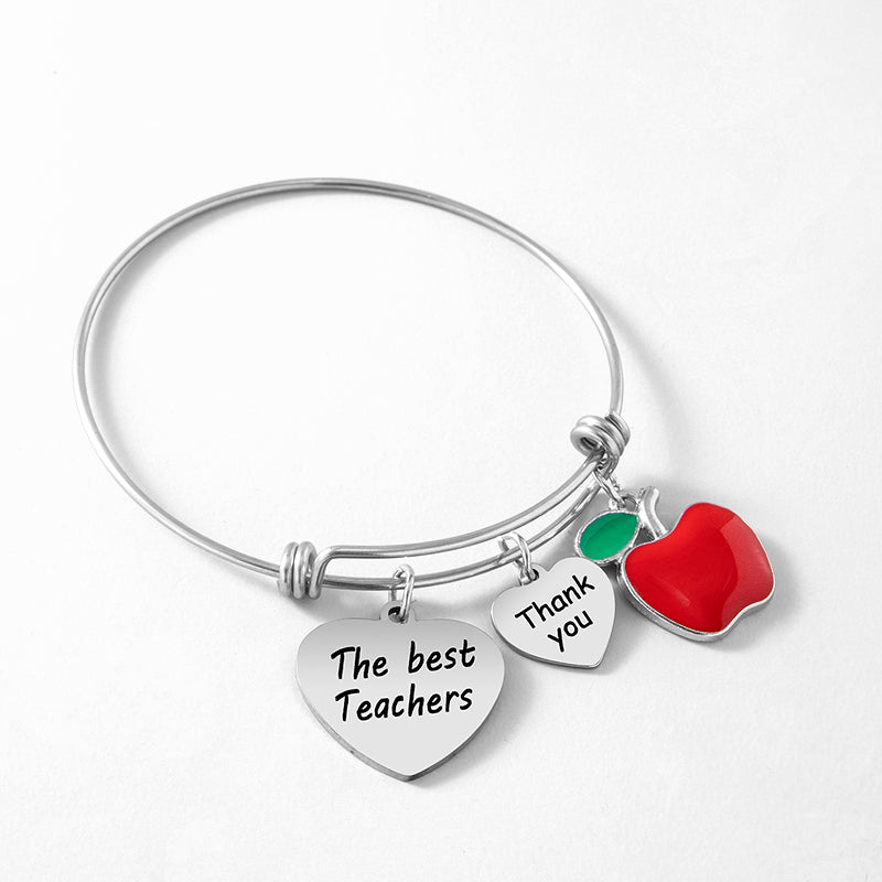 Thank You The Best Teacher Heart Bracelet Enamel Apple Charms Stainless Steel Bangle