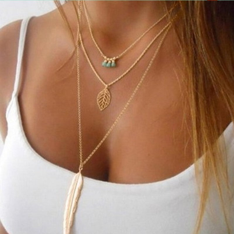 Gold Silver Chain Long Feather Necklace