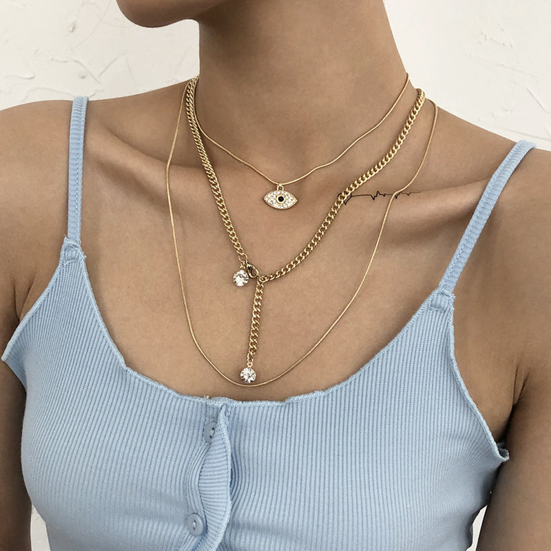 Snake Chain Exaggerated Stacking Necklace With Geometric Micro-inlaid Metal Texture Necklace