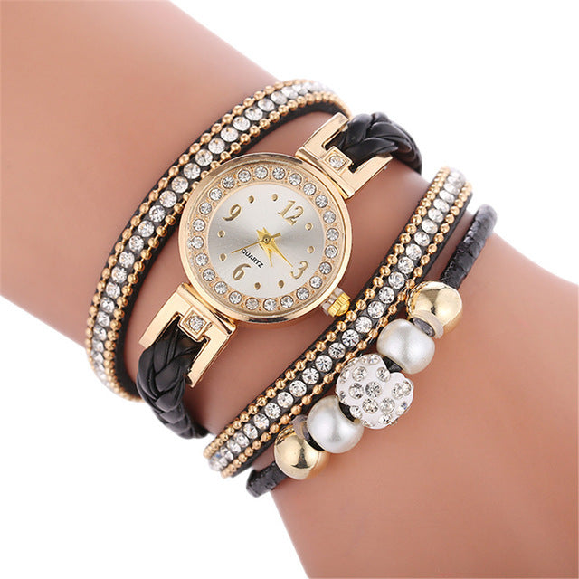 Diamond braided winding ladies bracelet watch