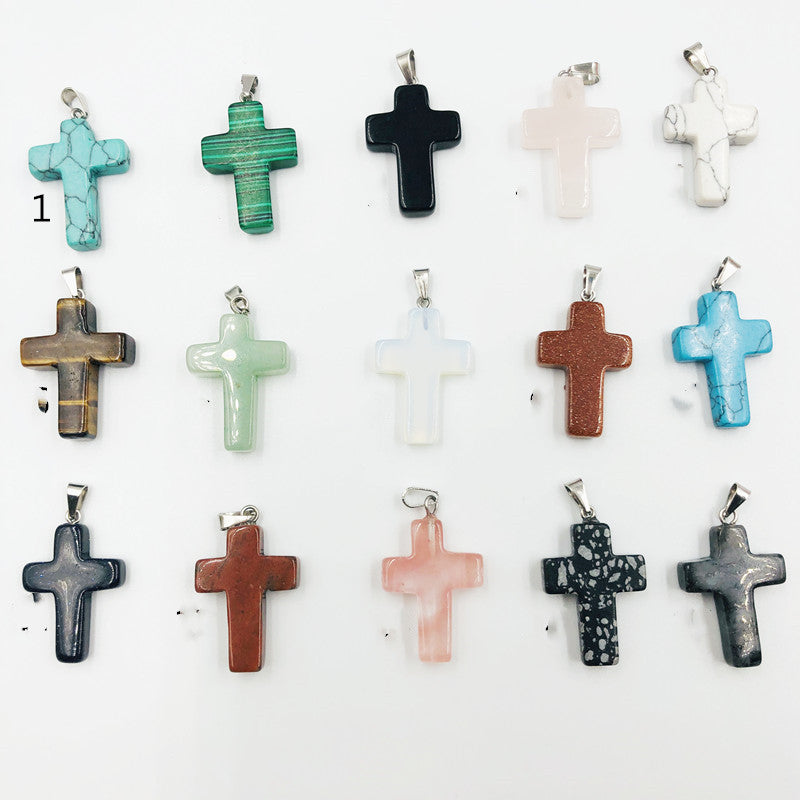 Colorful Crystal Natural Stone Cross Necklace