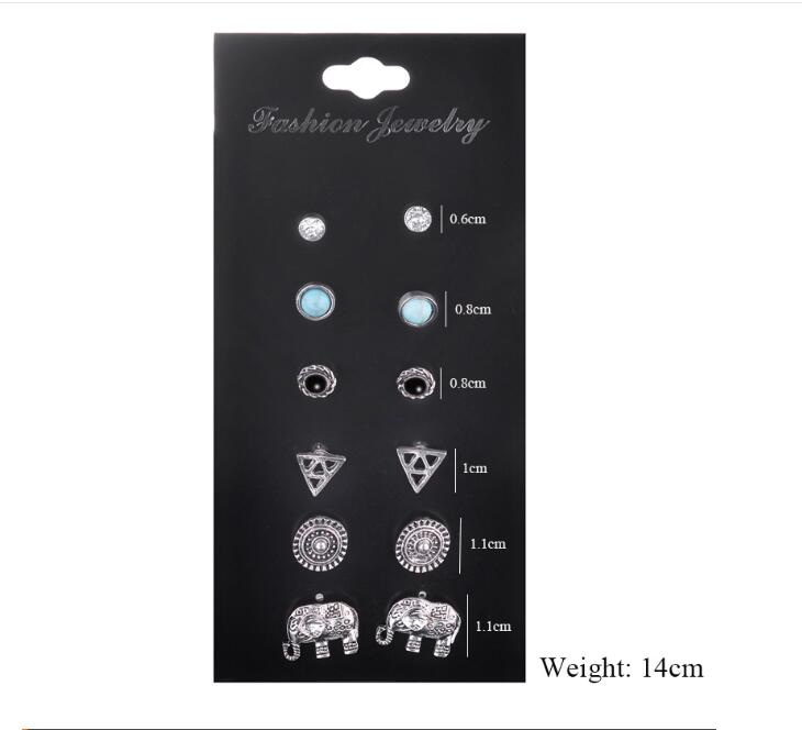 Retro earrings set combination Elephant triangle earrings 6 pairs of earrings combination card set