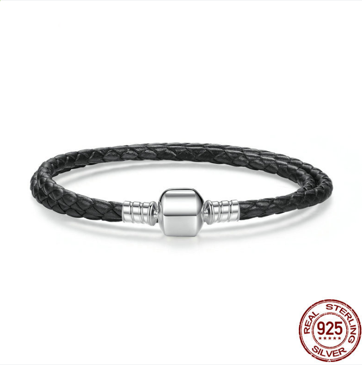 Genuine Long Double  Black Braided Leather Chain Women Bracelets With 925 Sterling Silver Snake Clasp PAS908