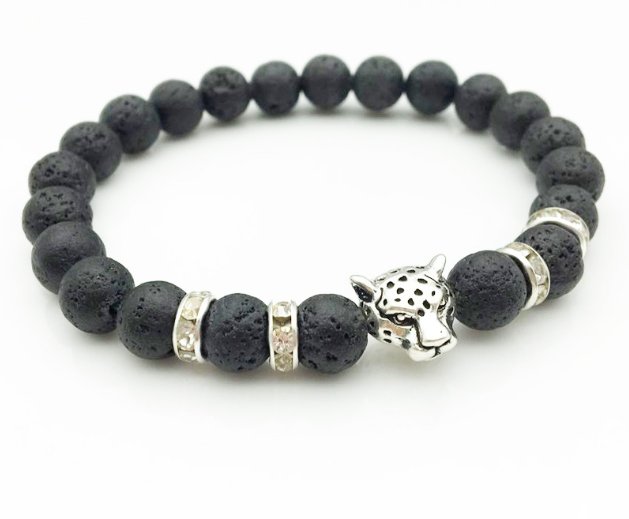 Natural Stone Lava Bead Handmade Bracelet with Leopard Head Pendant