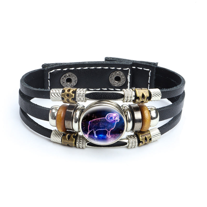 Luminous Zodiac Leather Wooden Bead Weaving Bracelet