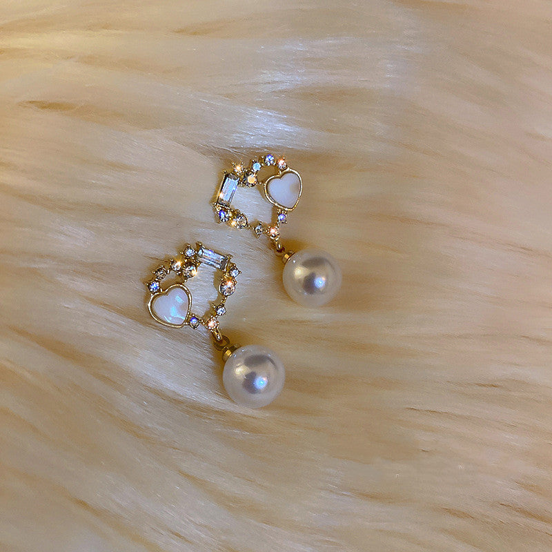 Silver Needle Korea Double Love Diamond Pearl Earrings