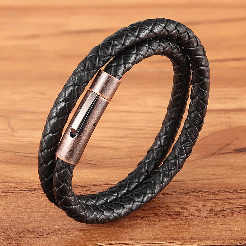Copper Color Titanium Steel Bracelet Leather Cord Braided Magnet Clasp Bracelet