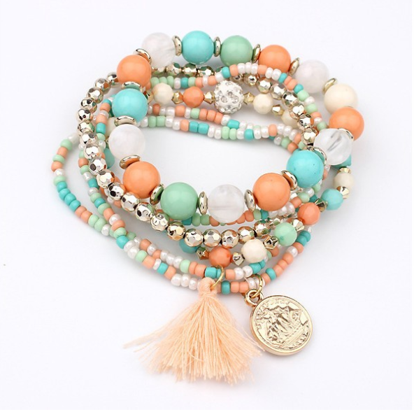 Bohemian Rice Beads And Tassel Multi-Layer Colorful Elastic Bracelet