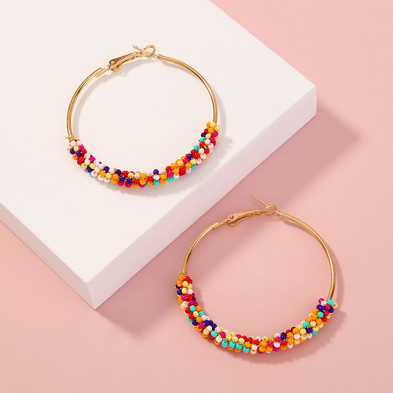 Bohemian Ethnic Style Multicolor Rice Beads Exaggerated Golden Large Circle Earrings