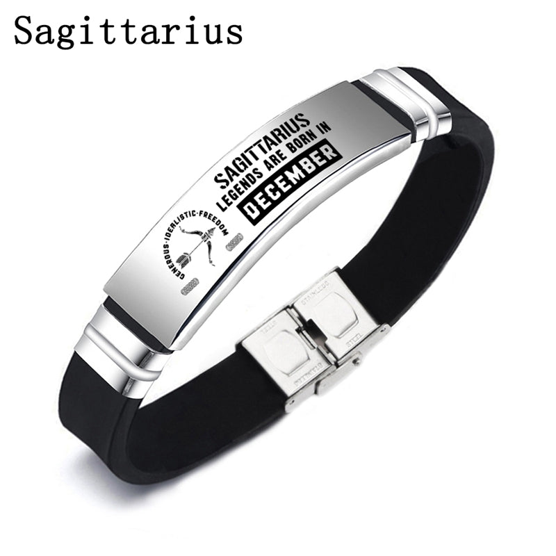 Engraved 12 Constellation Zodiac Sign Stainless Steel ID Bracelet Silicone Bangle
