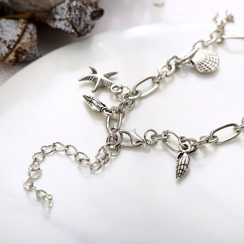 Glossy Ancient Silver Ocean Starfish Conch Pendant Anklet