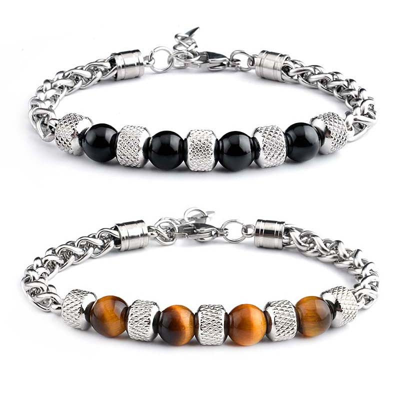 Tiger Eye Stone Men's Bracelet Titanium Steel Adjustable Beads