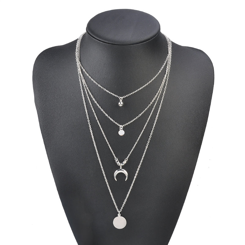 Retro Ethnic Style Moon Horn Disc Alloy Multilayer Necklace