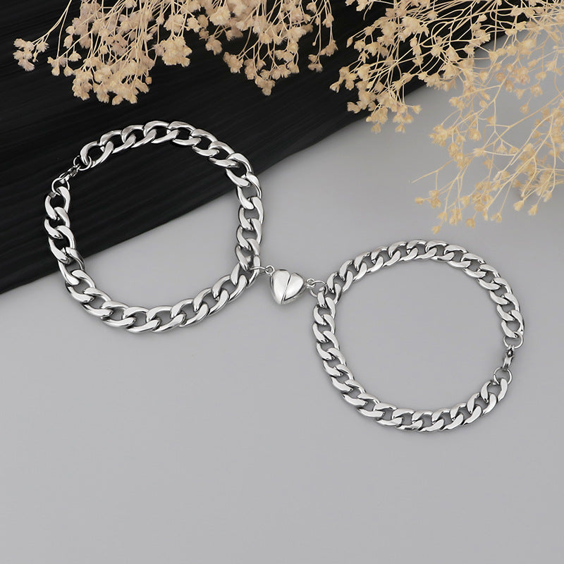 Magnetic Stainless Steel Heart Charm Couple Bracelet