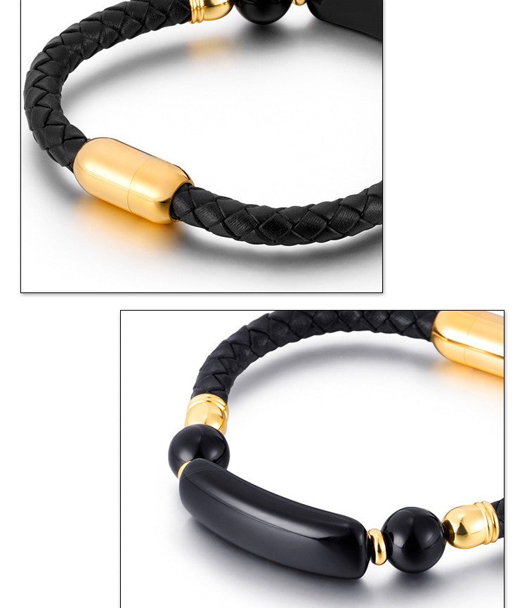 Men's Simple European Style Leather Stainless Steel Bracelet
