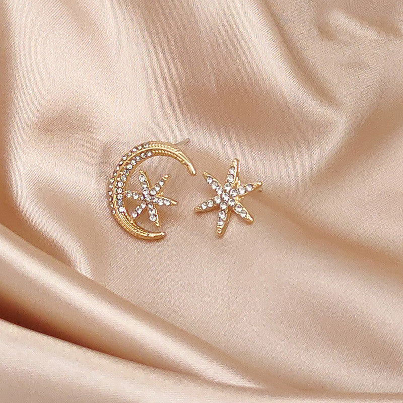 Fashion Moon Star Asymmetric Zircon Atmospheric Simple Earrings