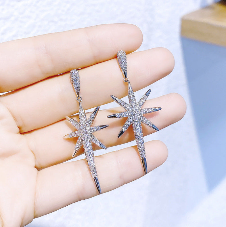 Fashionable Feminine Eight-pointed Star Long Silver Needle Earrings