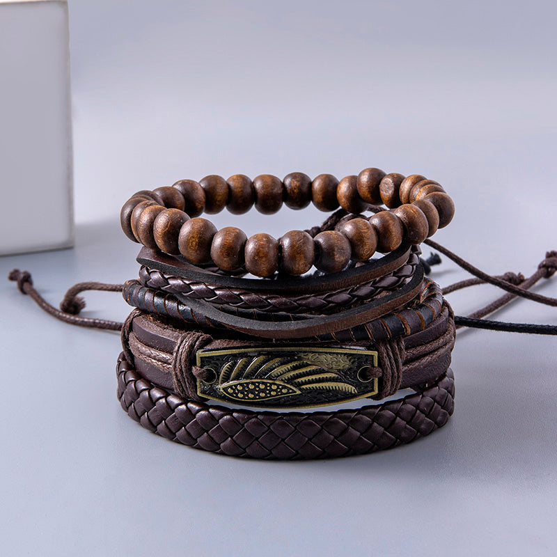 Braided Leather Wrap Bracelets For Men Vintage Wings Feather Charm Wooden Beads Ethnic Women Tribal Wristbands