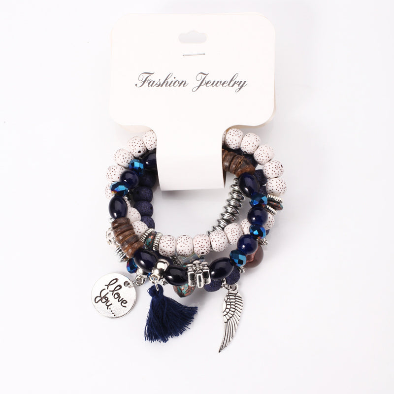 Layered Wing Tassel Crystal and Lava Stone Jewelry Bracelet