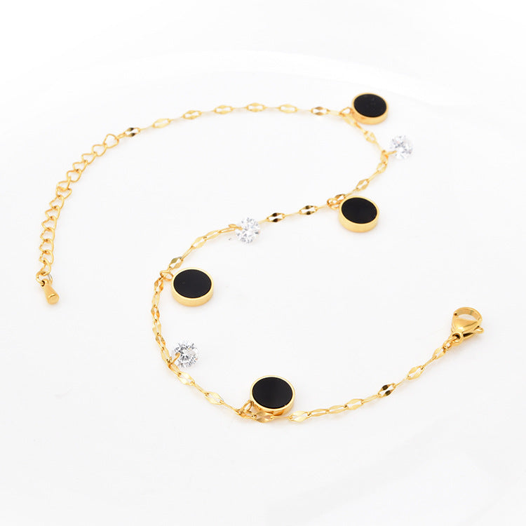 Water Wave Chain Zircon Anklet Small Black Round Pendant Gold Girl Anklet