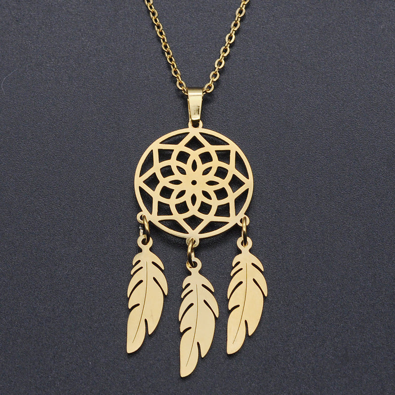 Openwork Dream Catcher Tassel Feather Pendant Titanium Steel Fine Chain Necklace