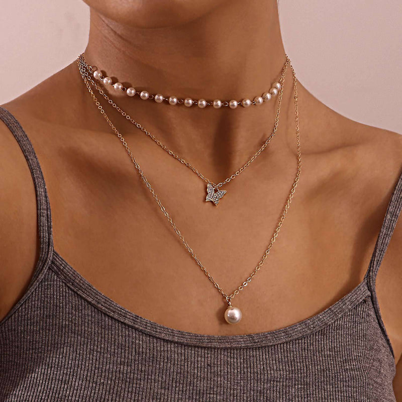 Multilayer Thin Chain Pearl And Diamond Butterfly Pendant Necklace