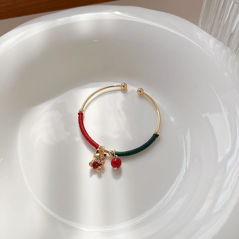 Chinese Style Antique Winding Red String Kitten Pendant Bracelet